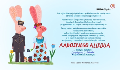 Grafika przedstawiające dwa zające: jeden ubrany w mundur górniczy, drugi w strój nawiązujący do tradycyjnego stroju ślązaczki oraz życzenia wielkanocne.